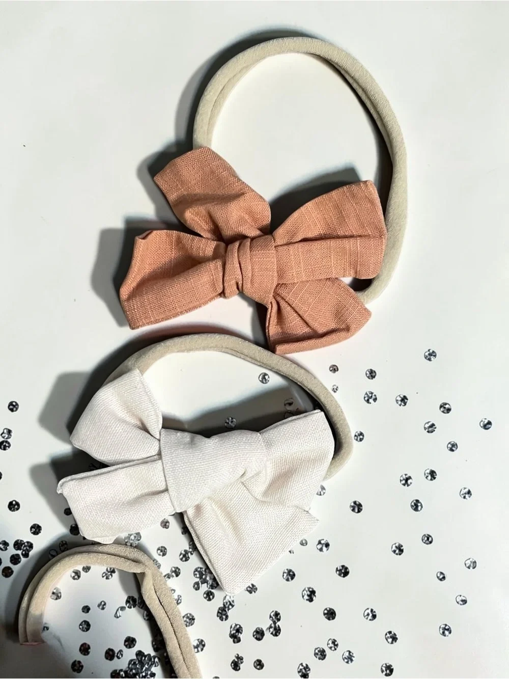 Handmade Baby Hair Bows Set of 3 | Stretchy Nylon Headbands | Soft Linen Texture